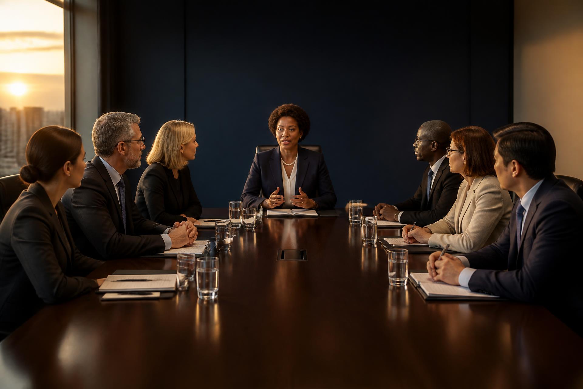Diverse boardroom of executives with a senior Black female physician leading